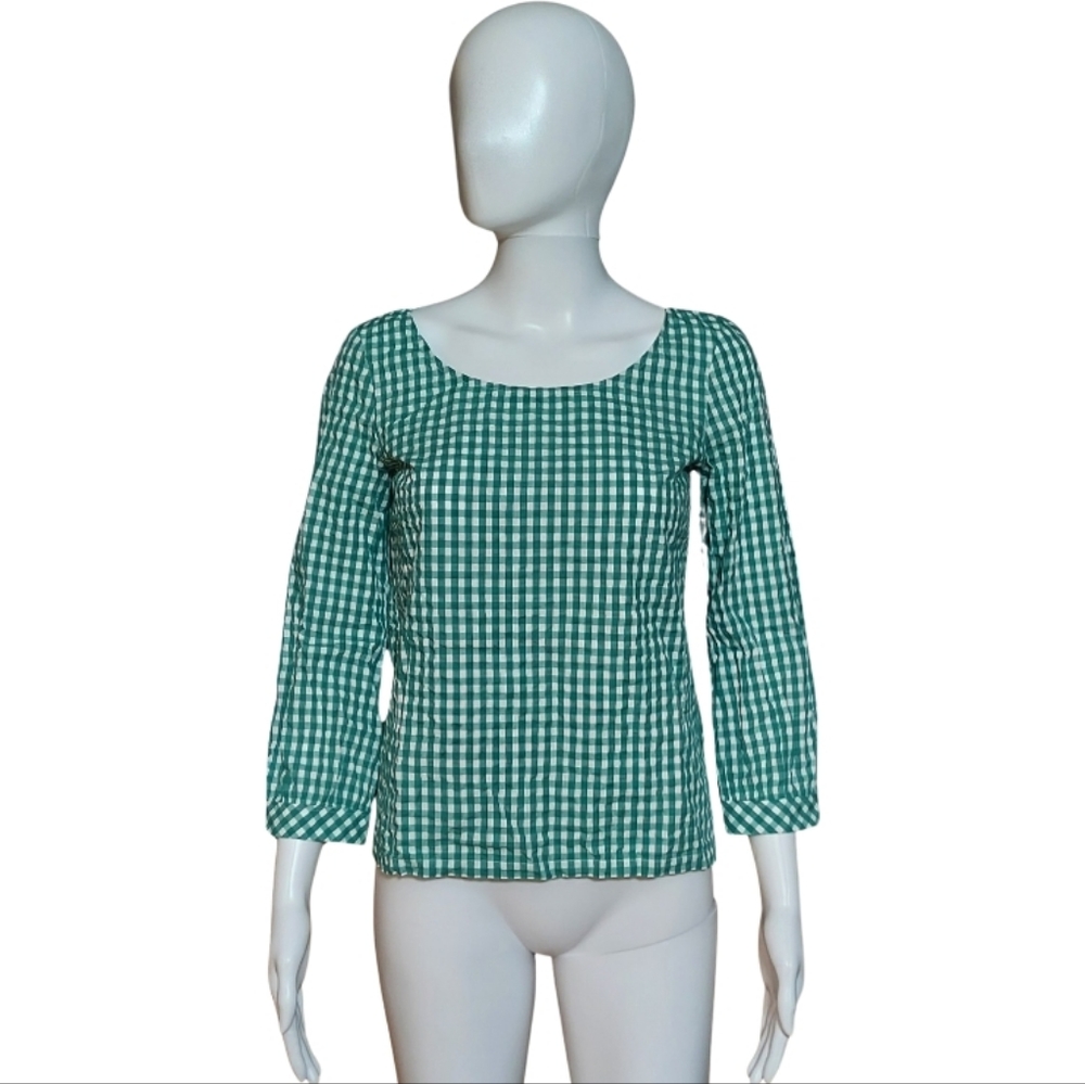 J.Crew Seersucker Gingham Peasant Top In Green And White